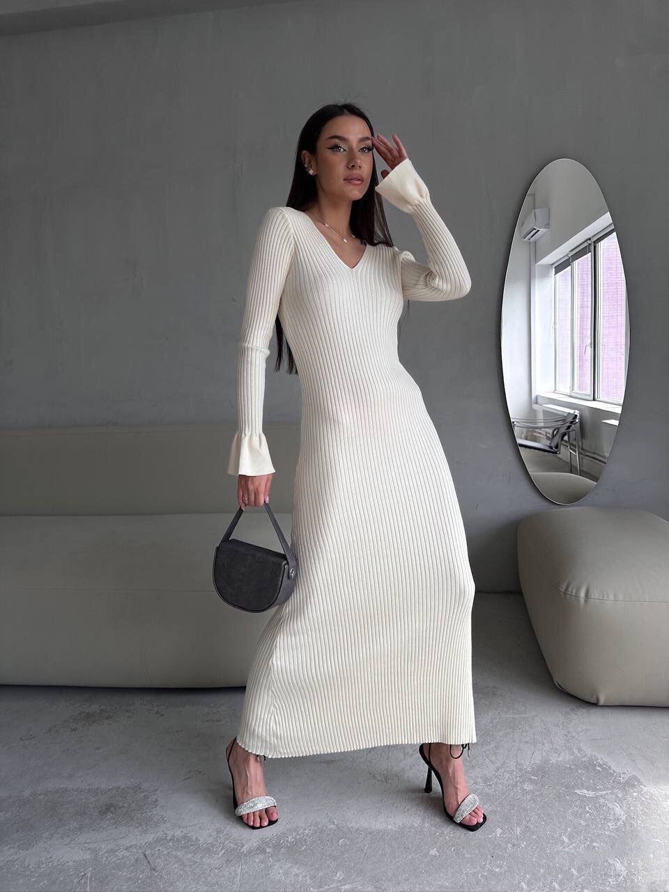 Long Sleeve V neck Tight Knitted Dress Solid Color Rib Fabric Wool Long Dress