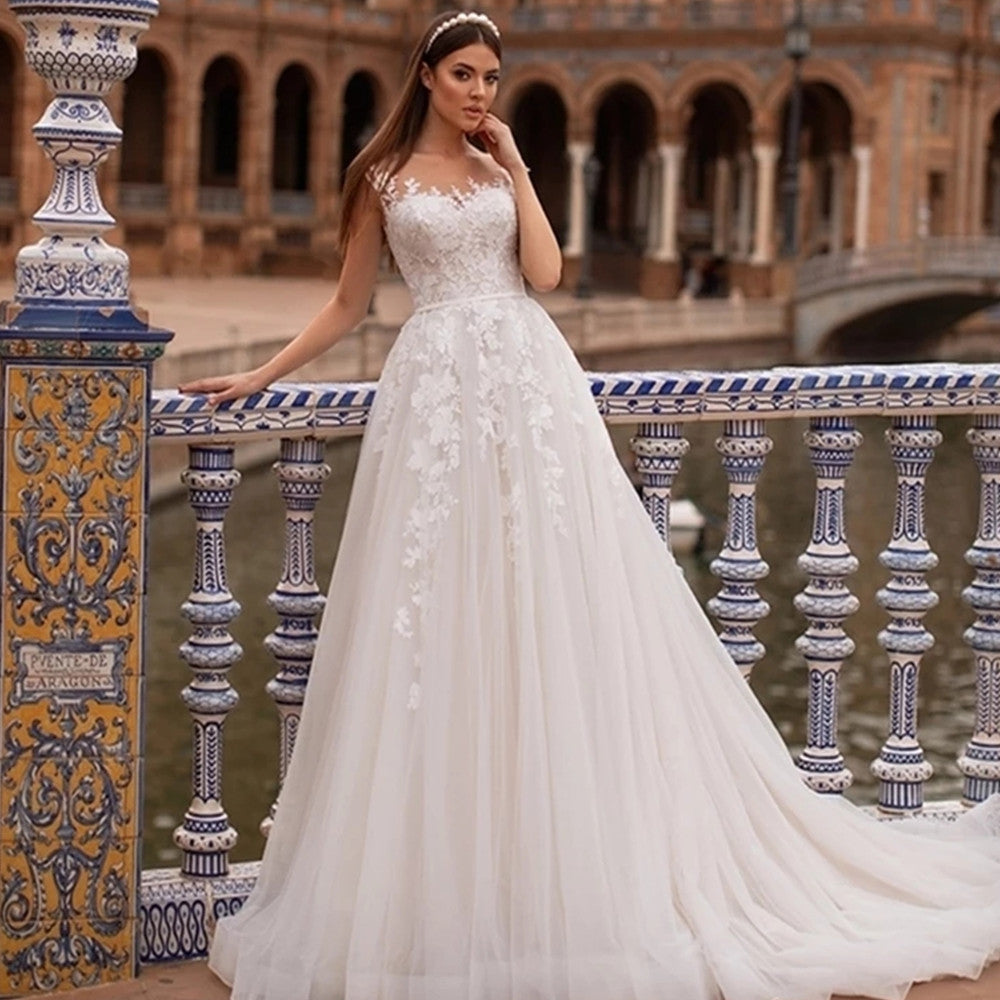 Princess A-Line Sheer Back Wedding Dress - Fashionpara
