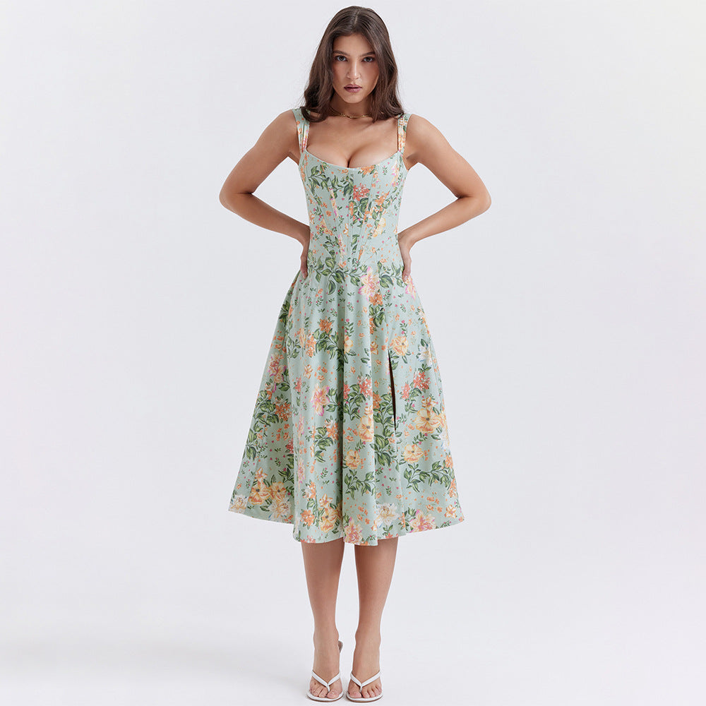 Boning Corset Cami Dress Slim Fit Backless Slit Midi Floral Dress Dopamine Wear Matching