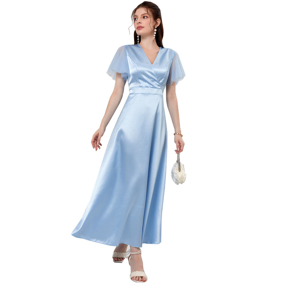 Satin Satin Satin V Neck Mesh Stitching Sleeves A Dress