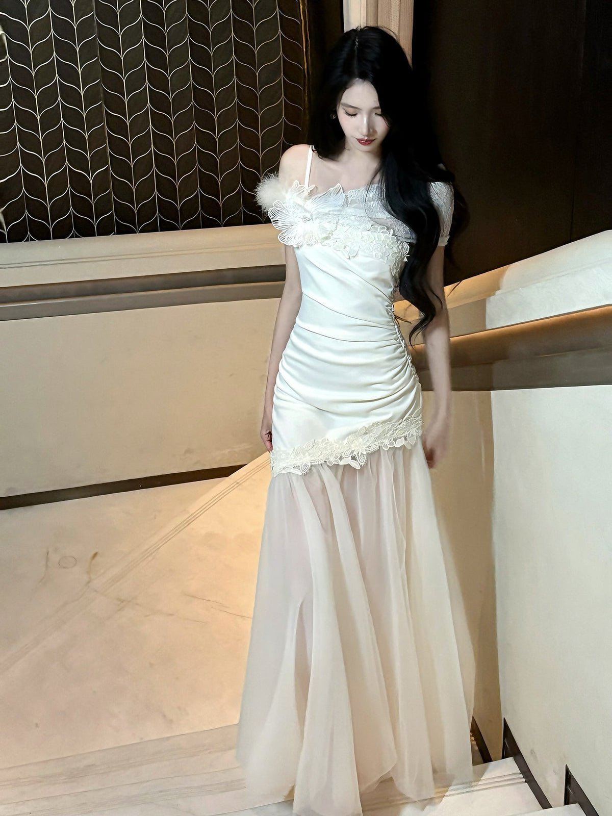 Lace Off-the-Shoulder Dress Mermaid Long Formal Dress L77