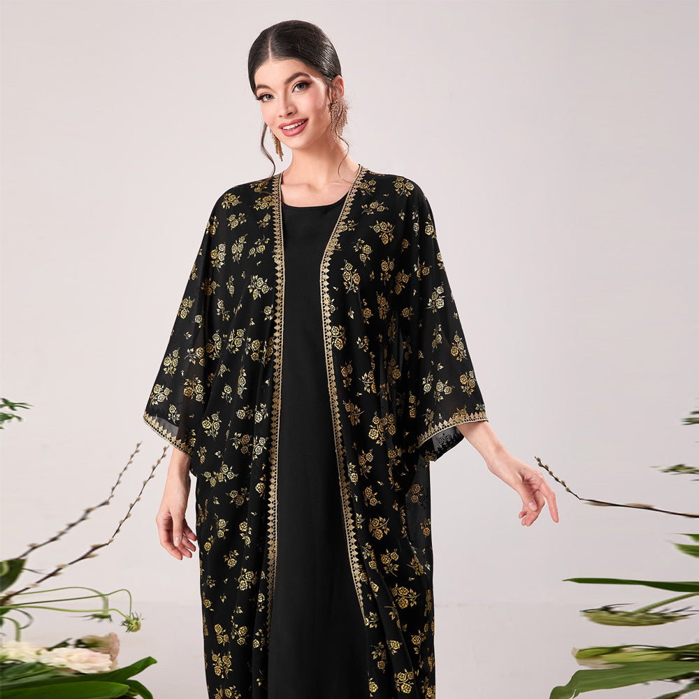 Muslim Middle East Bronzing Lace Mesh Dress Two Piece Suit