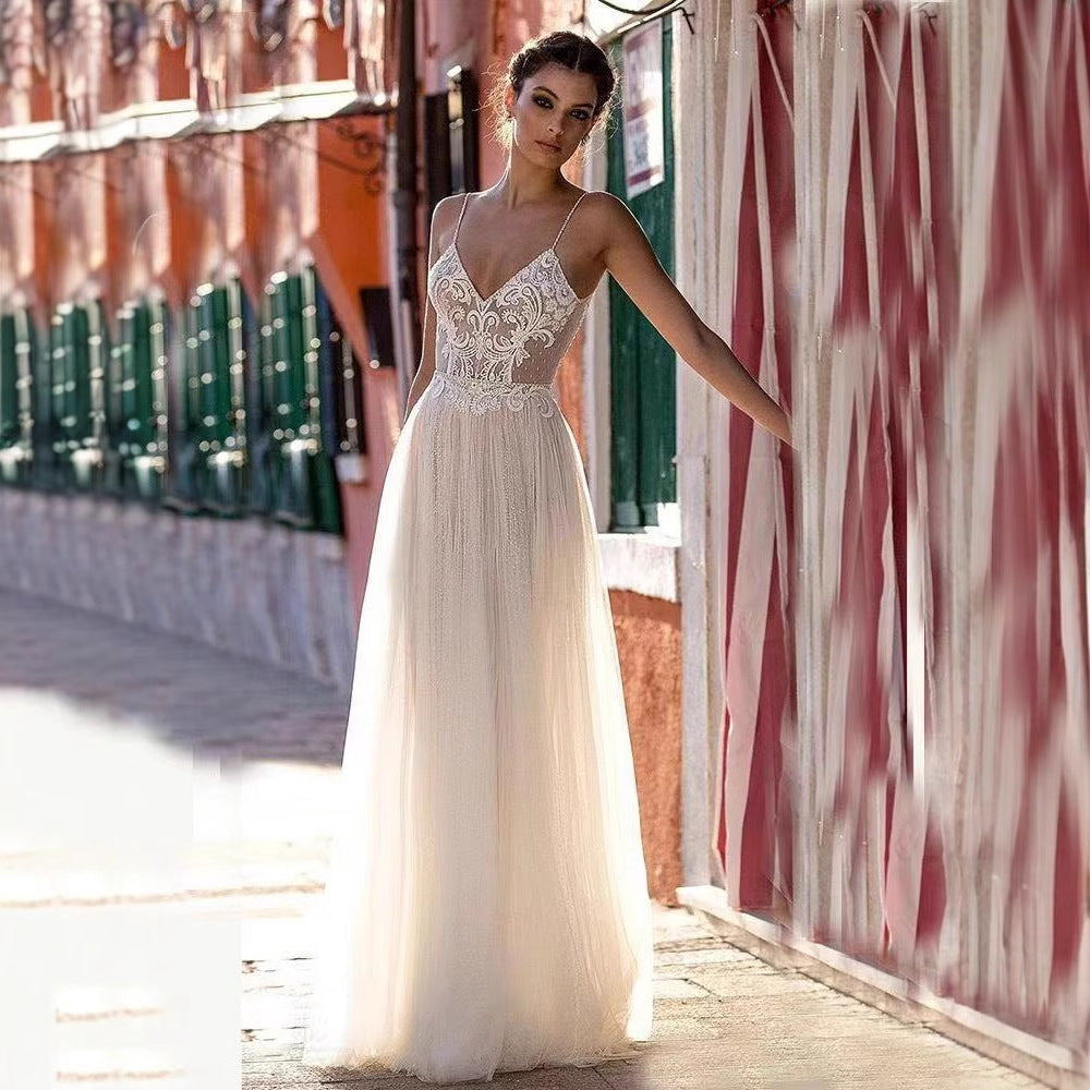 Deep V-Neck Sheer Tulle Wedding Dress - Fashionpara