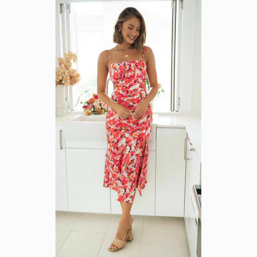 Small Digital Printing Fresh Sweet Spaghetti - Strap Dress Floral Burst