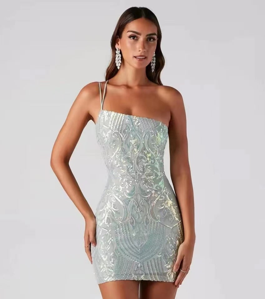 Suspender Sequin Sheath Slim Fit Dress