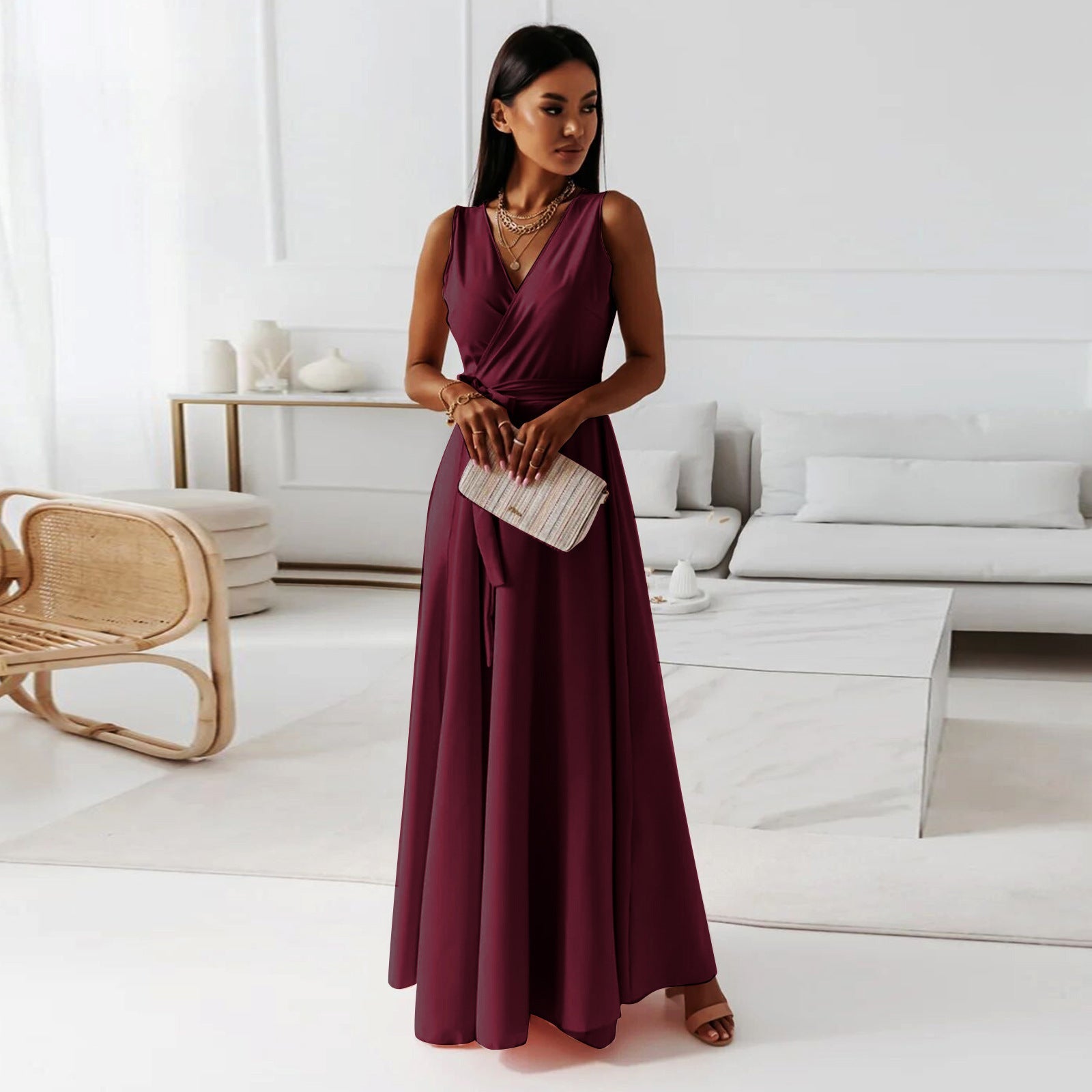 Anita Chic Women's Solid V Neck Long Dress Statement Occasion Edit