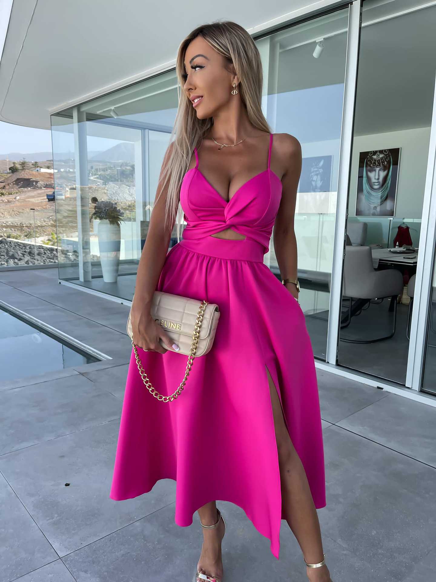 Socialite Deep V Plunge neck Hollow Out Cutout Big Slit Hemline Camisole Gown Dress