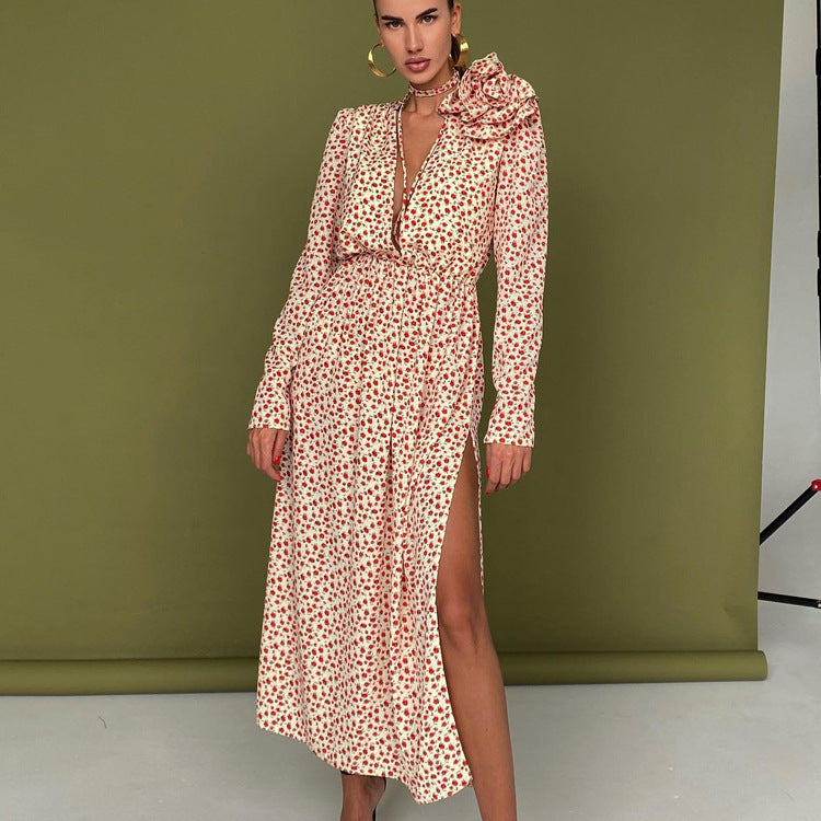Early Floral Dress Deep V Plunge - neck Lace Up Waist Side Slit Dress