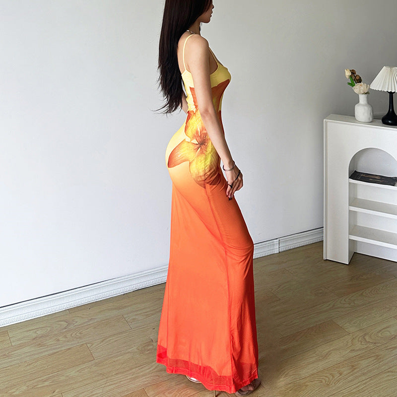 Gradient square neck backless contrast 2-way cami midi dress