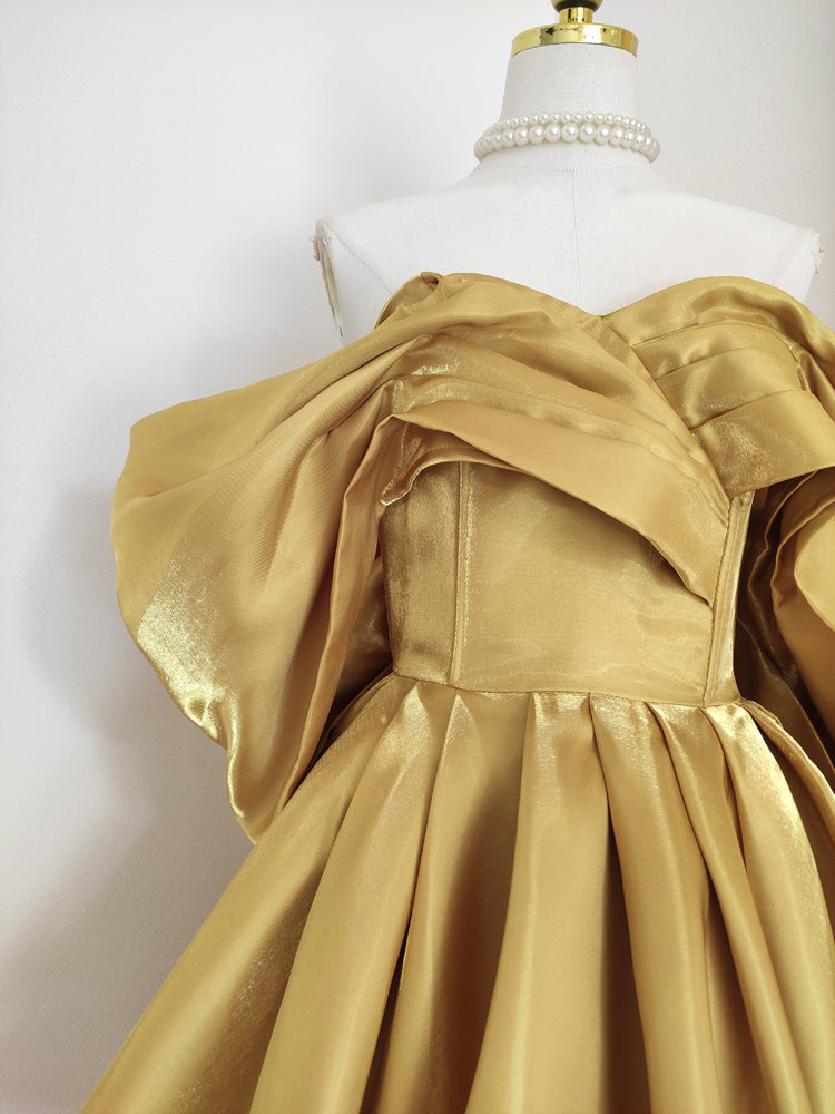 Sexy A-Line Off-the-Shoulder Yellow Satin Travel Vacation Dresses Short Birthday Dress - View 3 | FashionDia