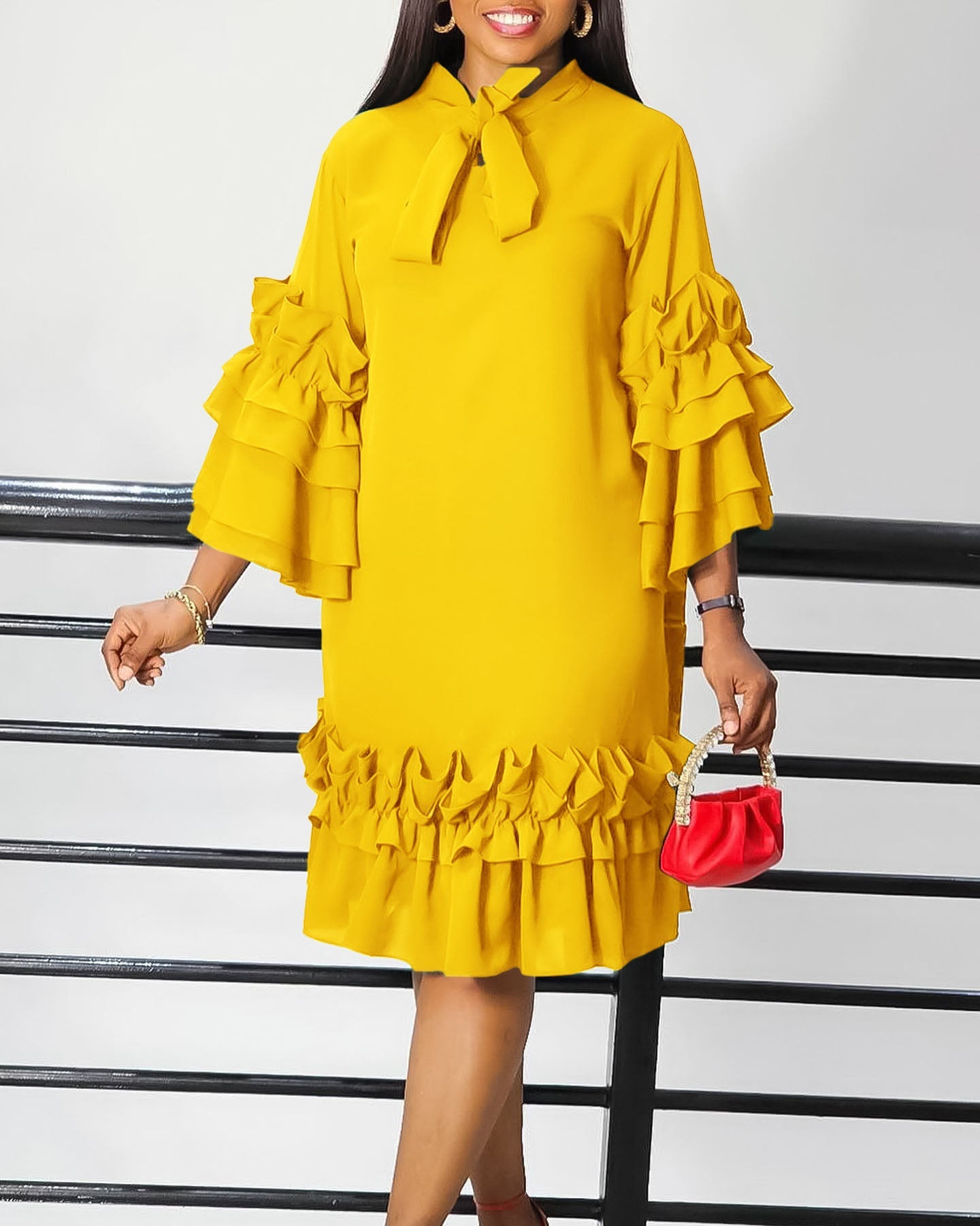 Chic Frilled Hem Bell Sleeve Solid Midi Dress - Fashionpara