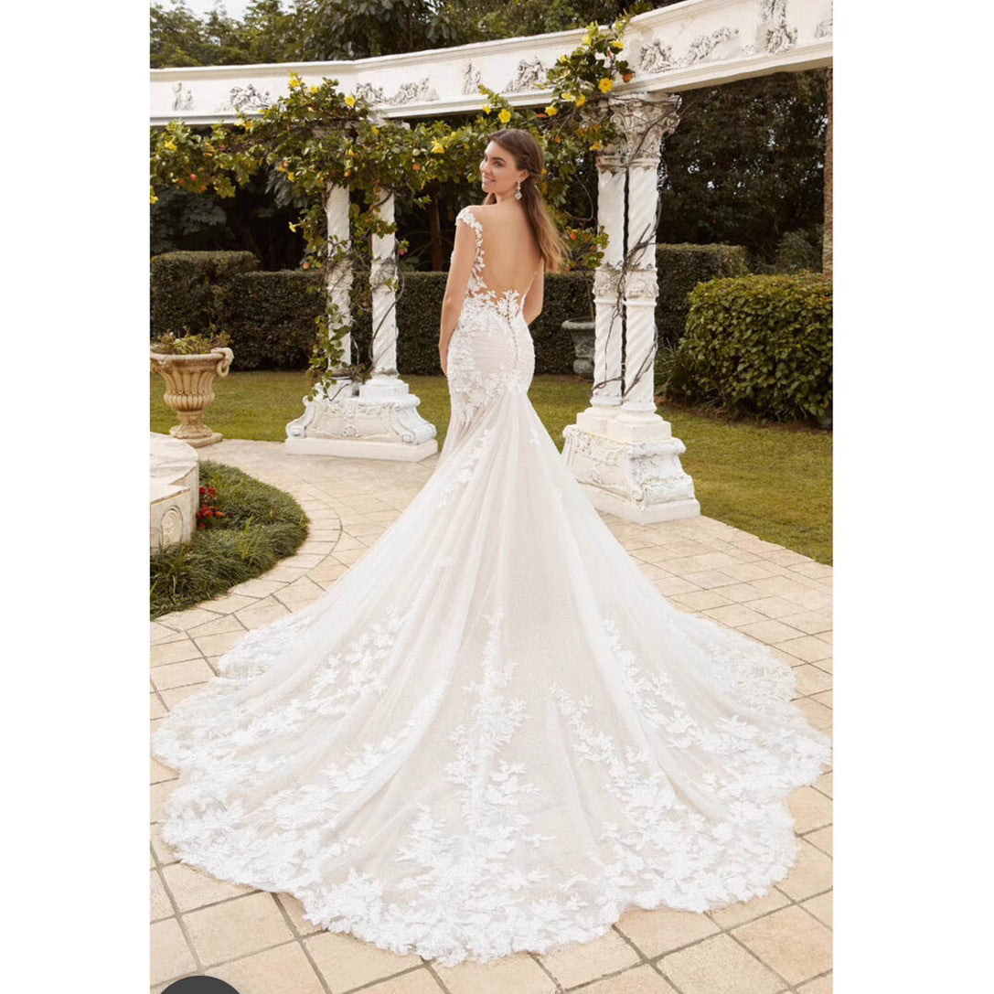 Long Train Lace Bridal Wedding Dress - Fashionpara
