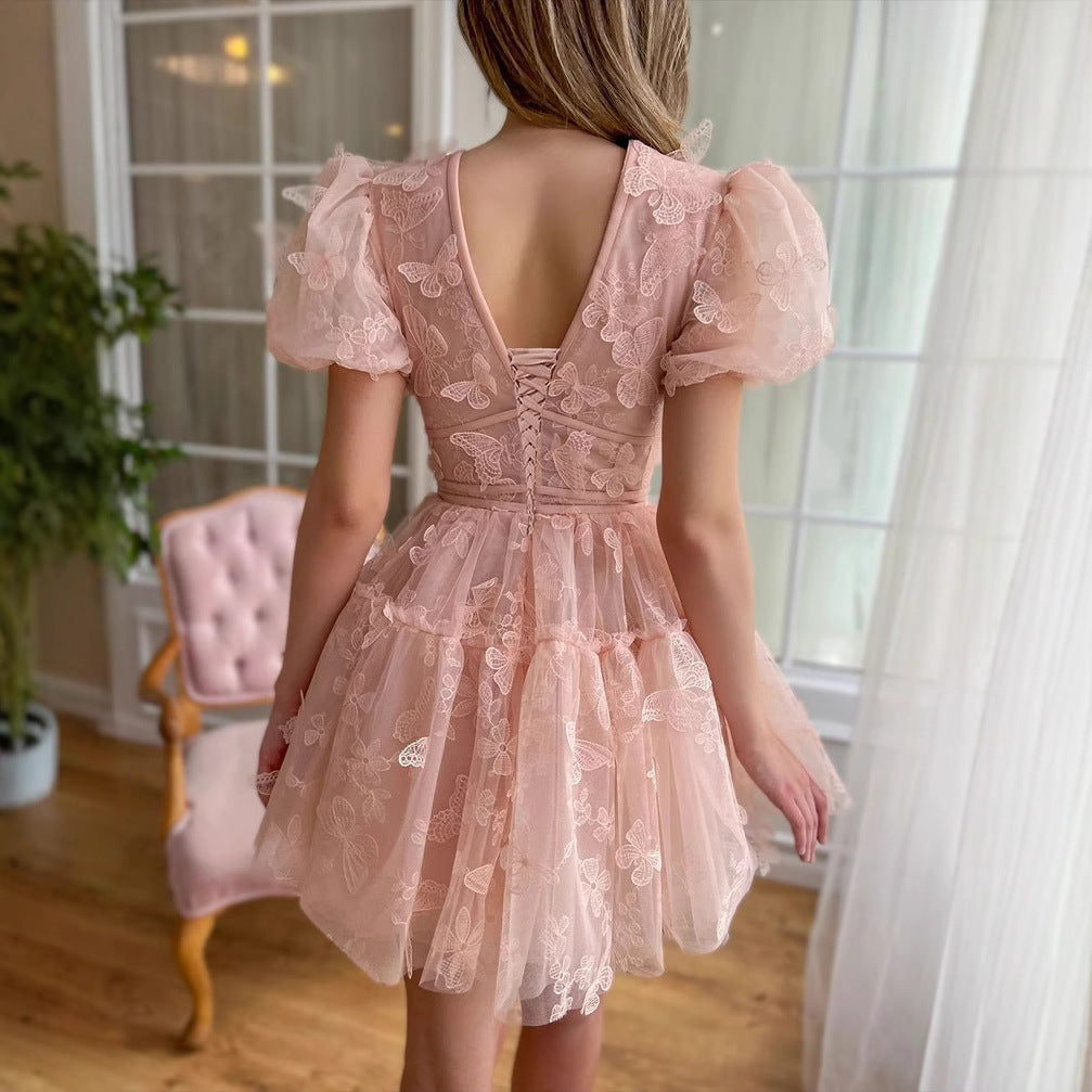 Floral V-Neck Short Wedding Dress - Fashionpara