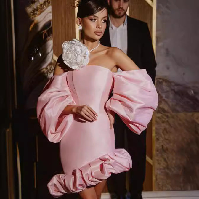 Bustier High Waist Lantern Sleeve Short Prom Dress - Fashionpara