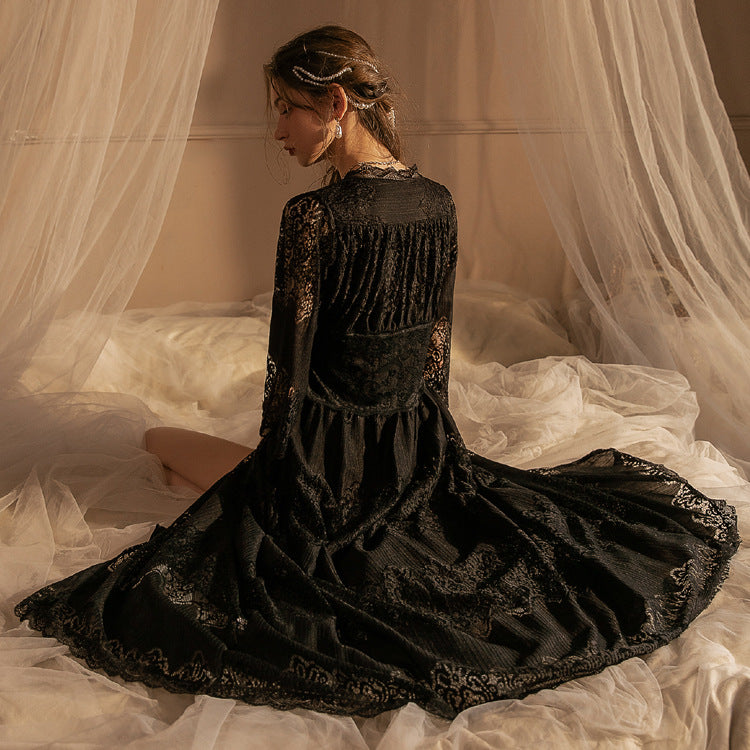 Emma Sheer Crochet Lace Maxi Dress Black