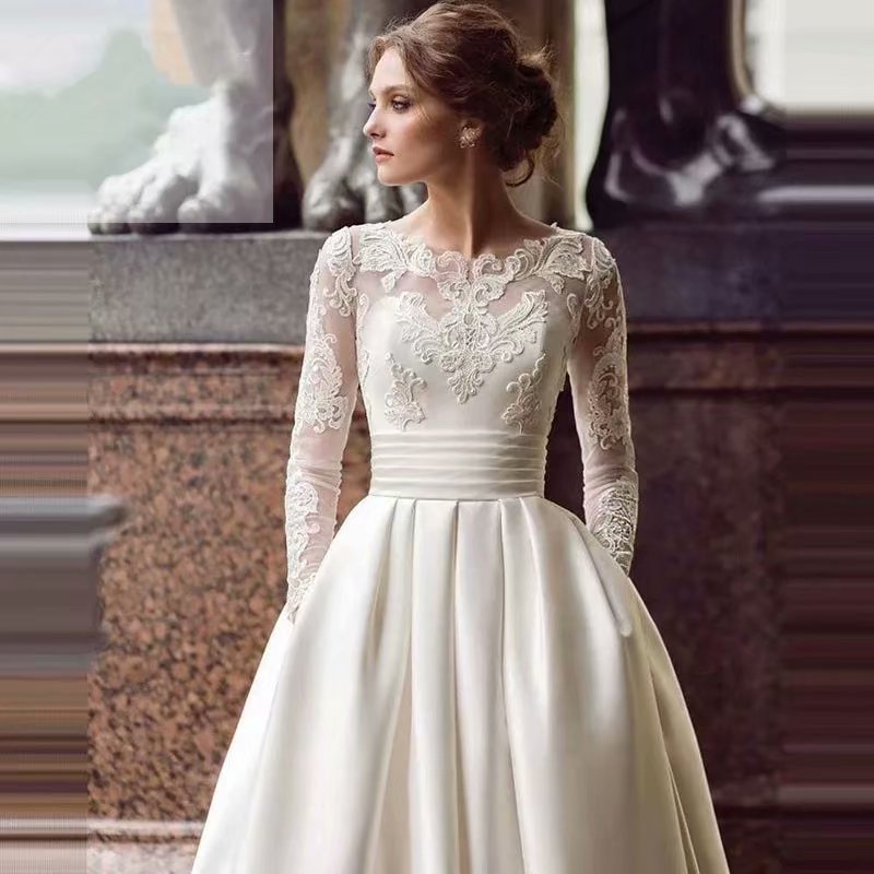 Round Neck Lace Satin Wedding Dress - Fashionpara
