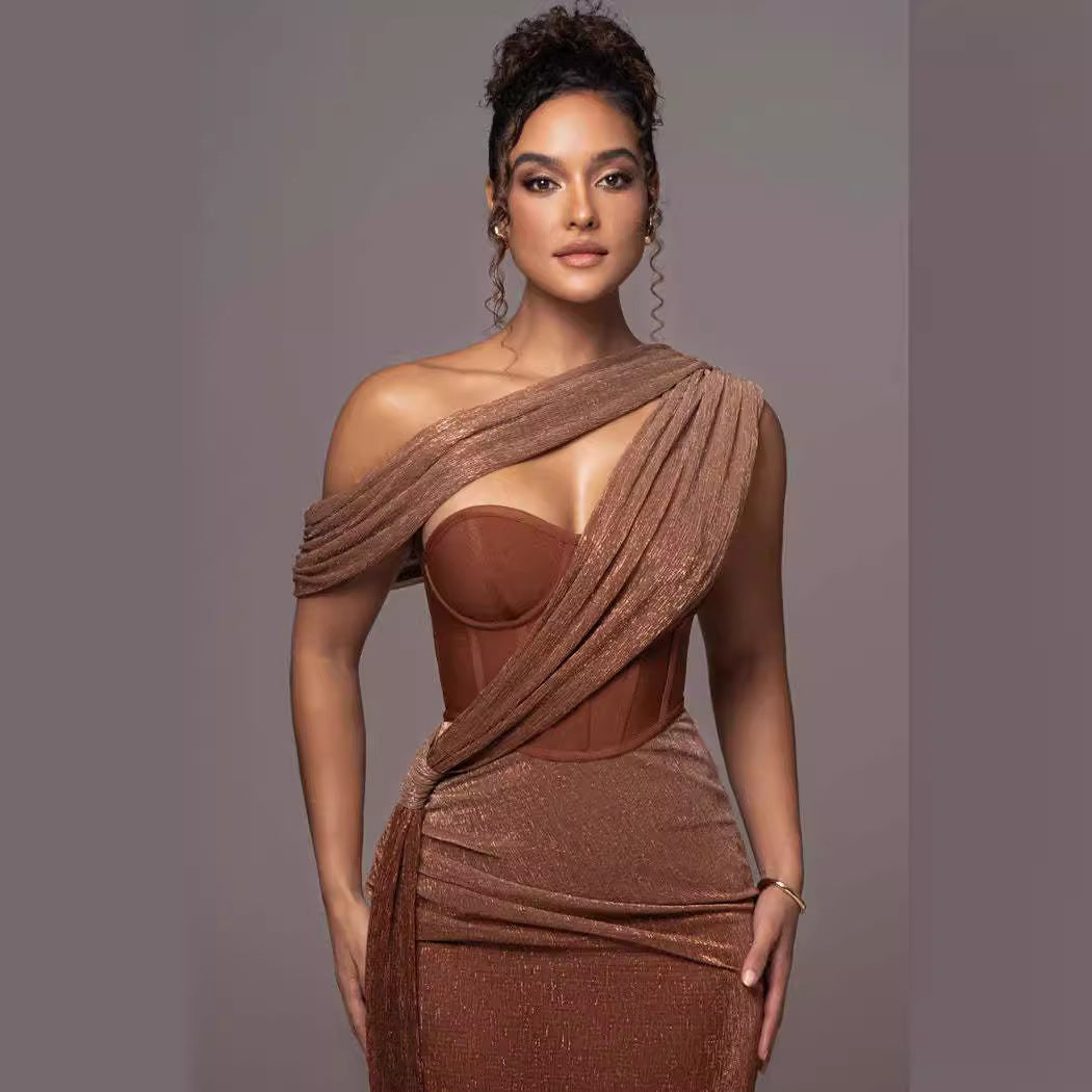 Solid Color Sleeveless Strapless Slit Prom Dress - Fashionpara