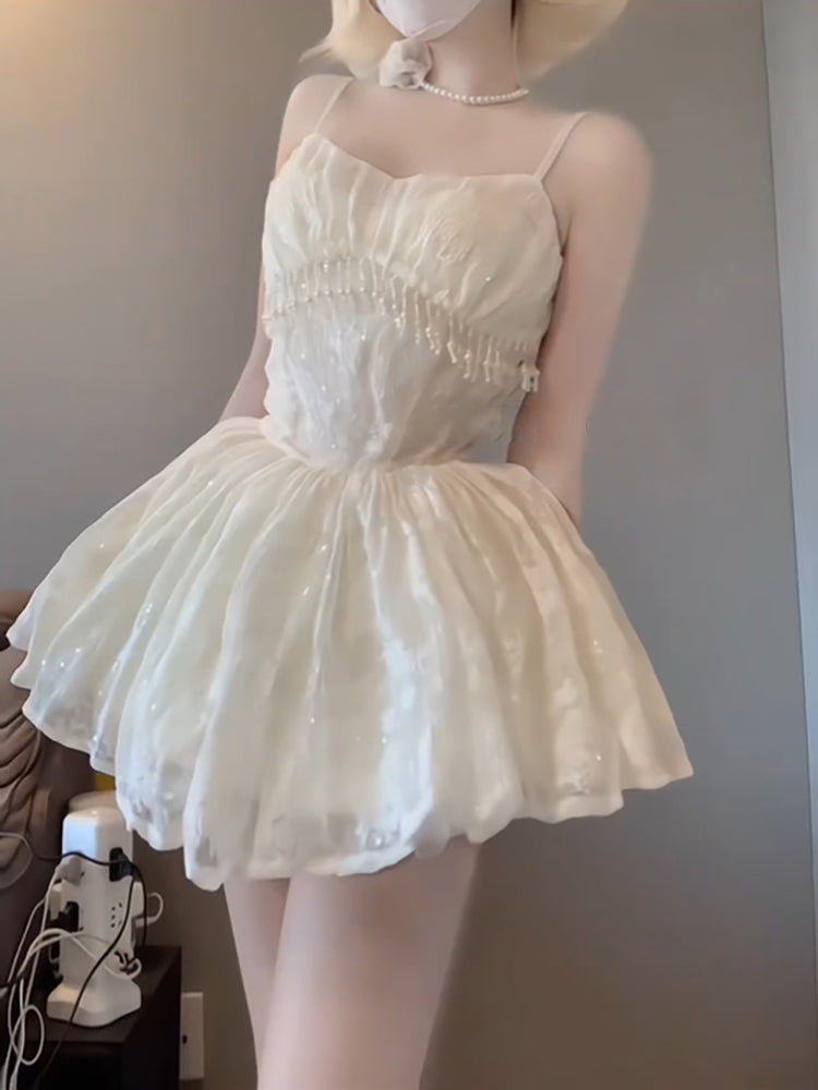 Sexy French Ball Gown Spaghetti Straps Holiday Dress White Birthday Dresses Birthday Outfits
