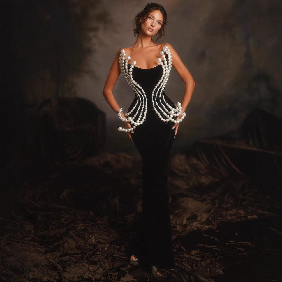 3D Pearl Strapless Bandage Prom Dress - Fashionpara