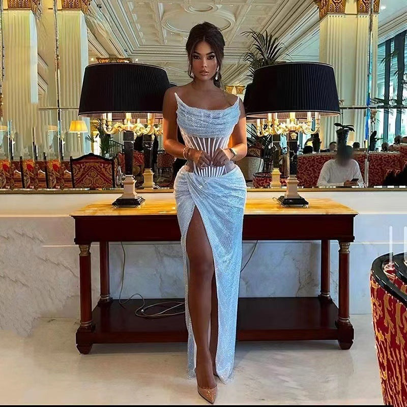 Elegant Crystal Beaded Backless Dress Party Prom Dress - Fashionpara