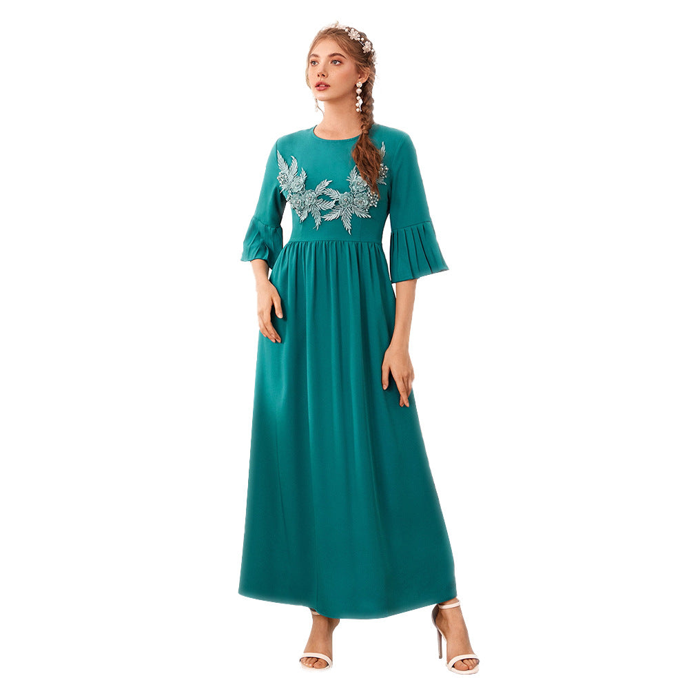 Round Neck Pleated Short Sleeve Mid Sleeve High Waist Dress Simple Dress