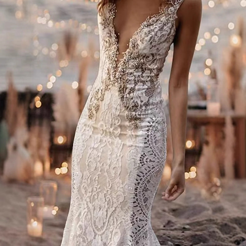 Lace V-Neck Mermaid Wedding Dress - Fashionpara