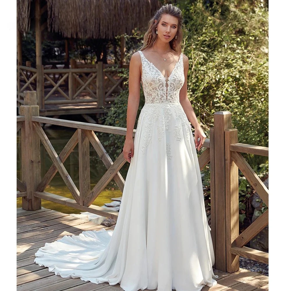 Double Strap Deep V-Neck Lace Wedding Dress - Fashionpara