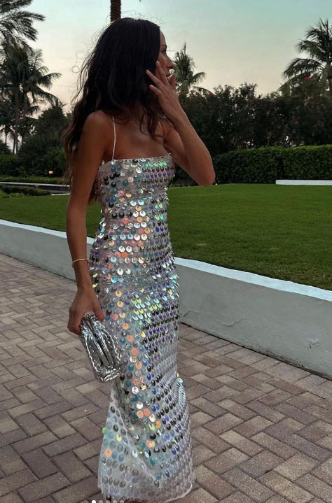 High End Sequined Light Luxury Strap Dress Cocktail Host Annual Meeting