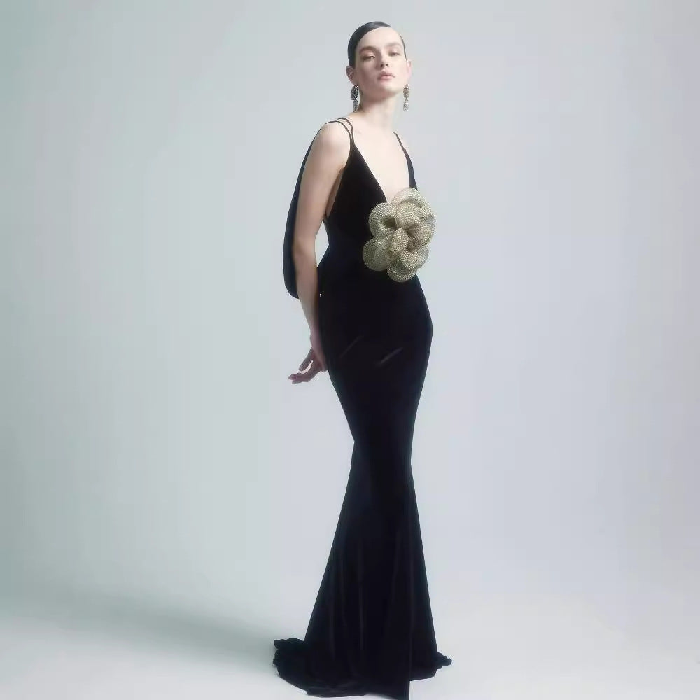 3D Floral Backless Satin Prom Dress - Fashionpara