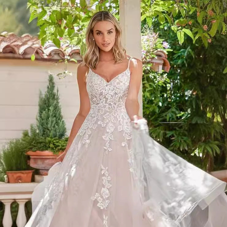 Spaghetti Strap Sheer Tail Wedding Dress - Fashionpara