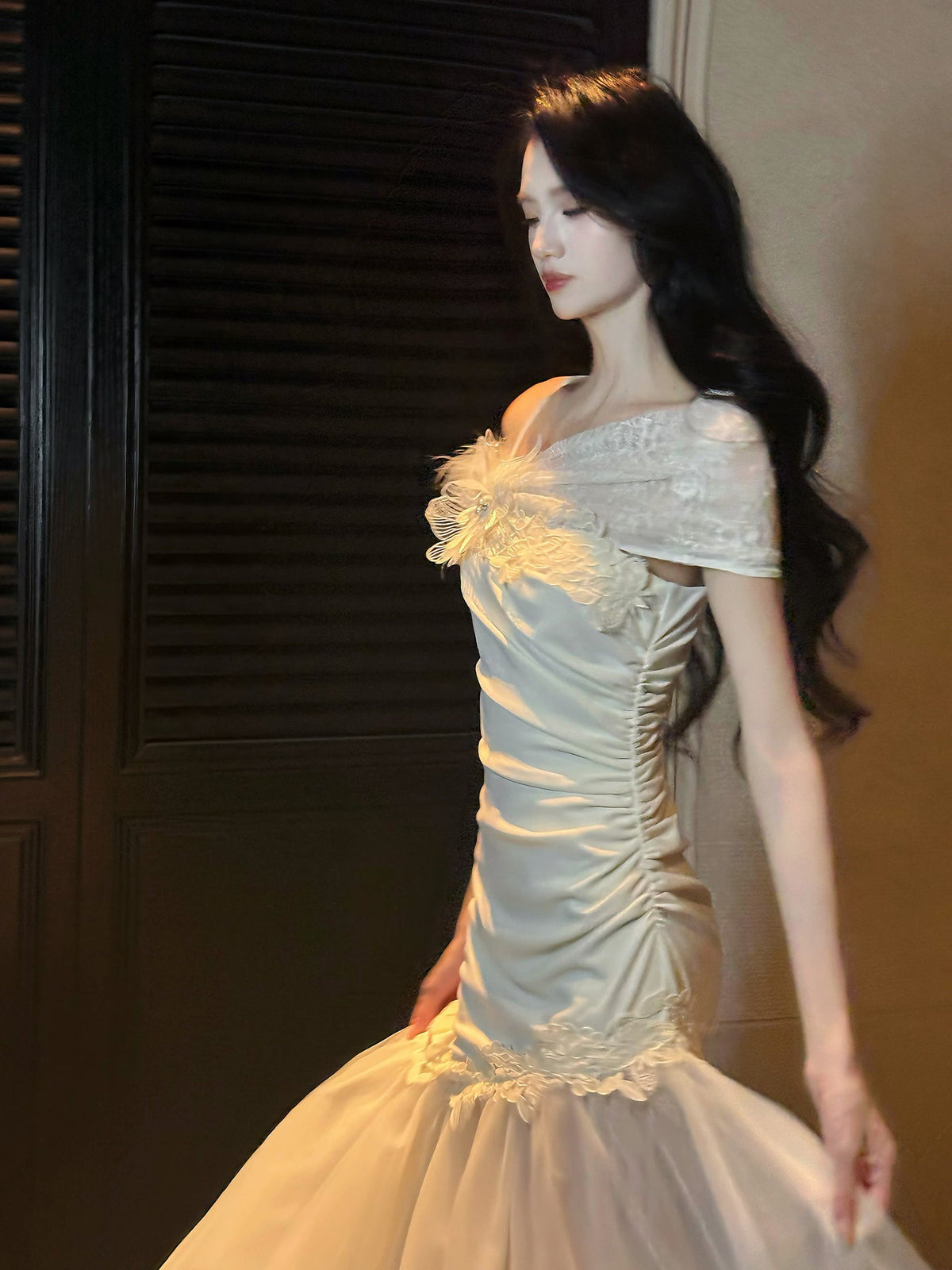 Lace Off-the-Shoulder Dress Mermaid Long Formal Dress L77