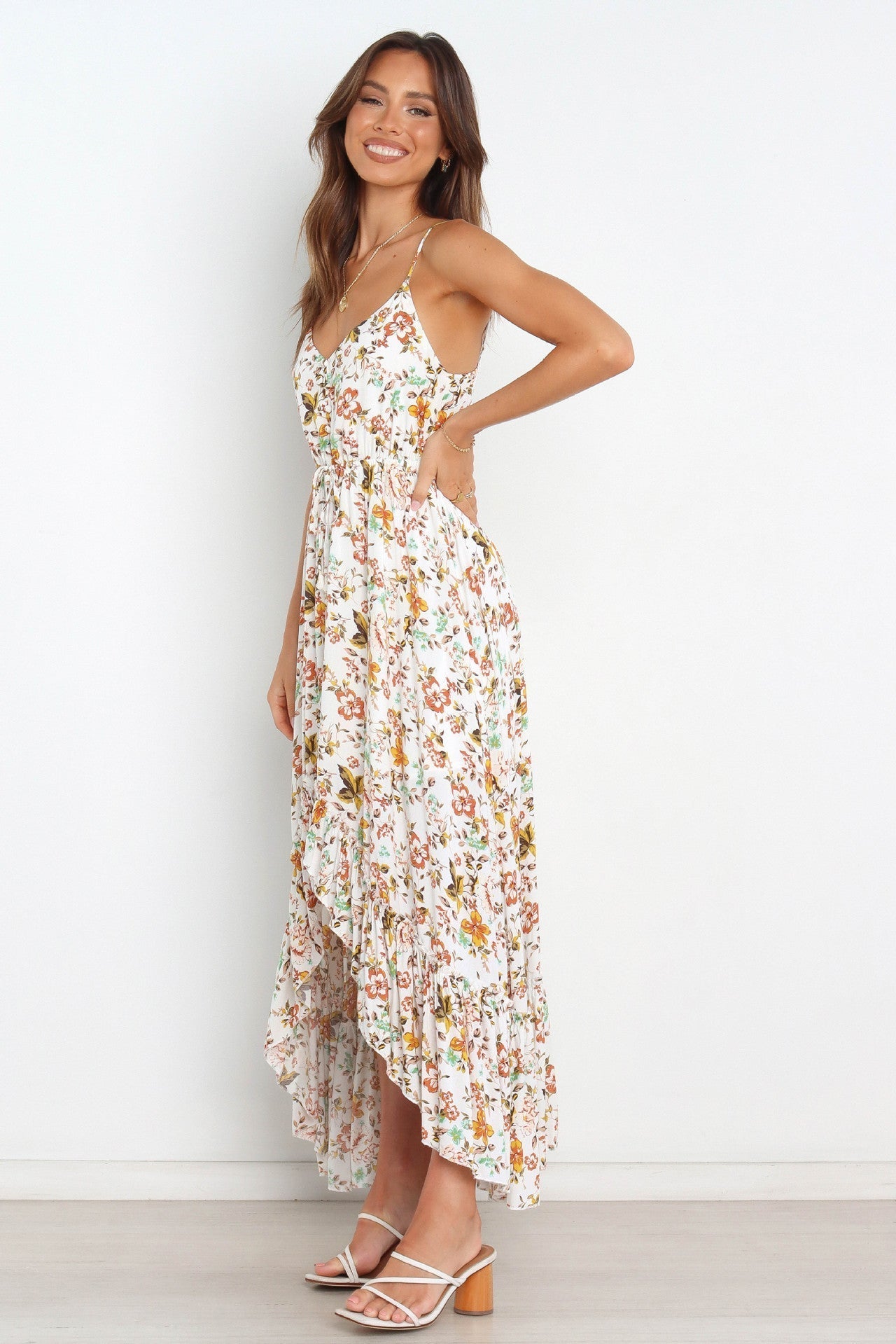 Bingham Satin Floral Ruffle Maxi Dress Cream