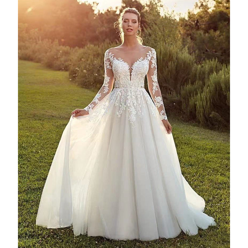 Long Sleeve Sheer Tulle Bridal Wedding Dress - Fashionpara