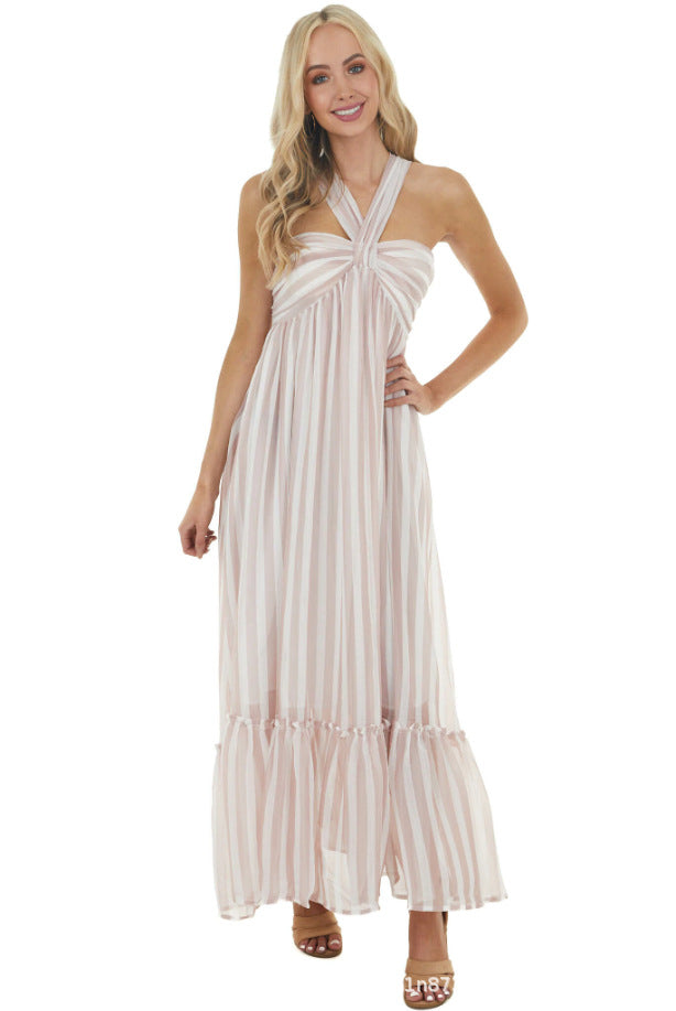 Evelyn Striped Halter Maxi Dress Blush Multi