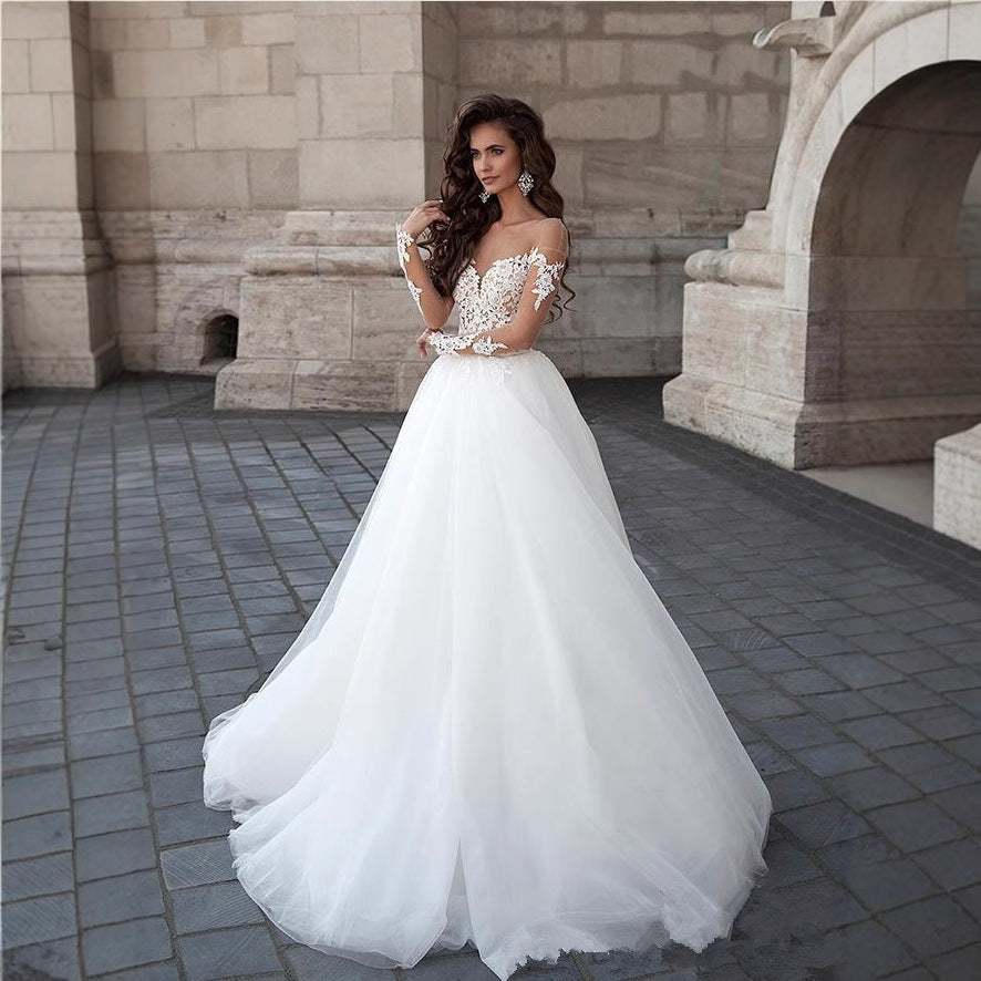 Off-Shoulder V-Neck Sheer Wedding Dress - Fashionpara