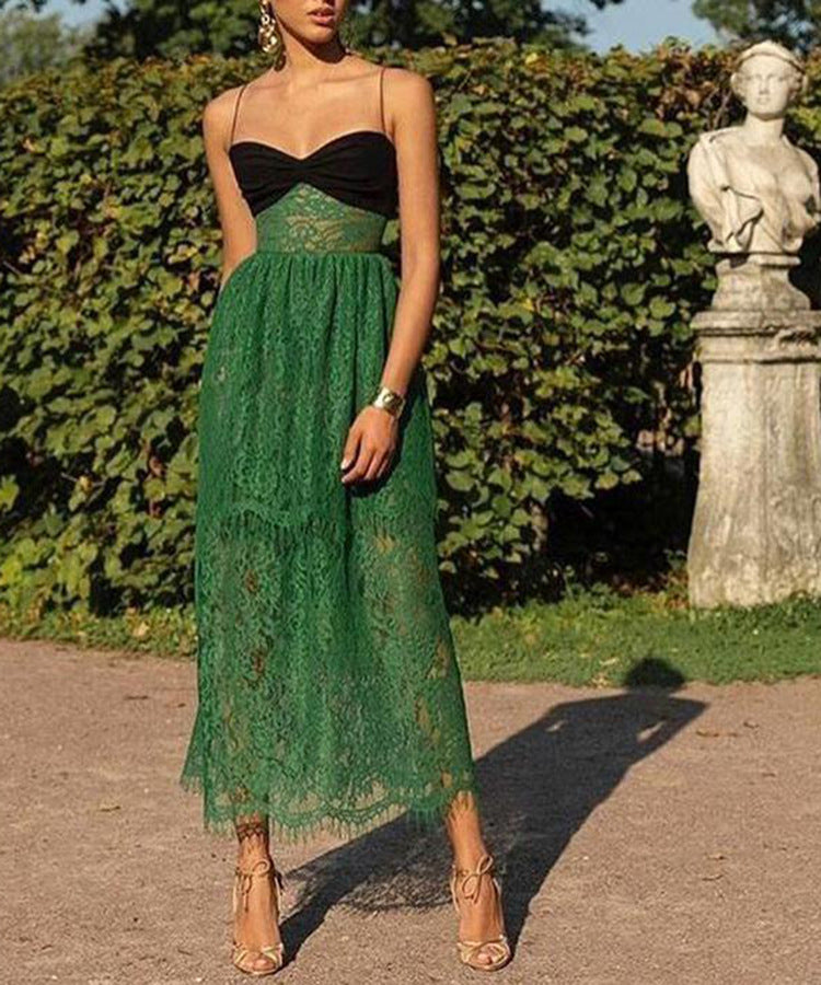 Women Clothing Chic Suspenders Lace Green Hollow Out Cutout Holiday Mopping Maxi Dress