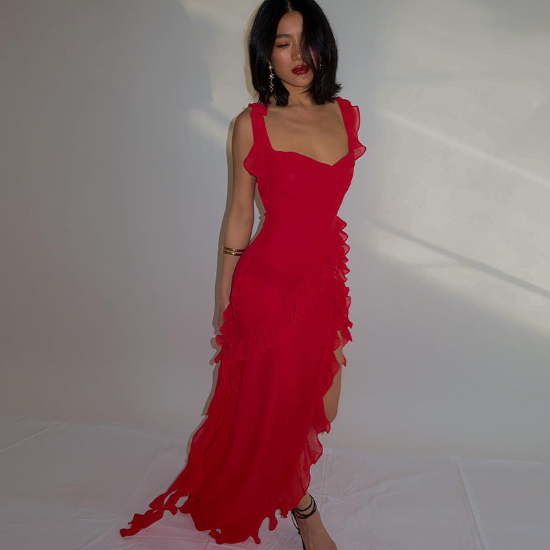 Slim Fit High Slit Ribbon Cami Dress for