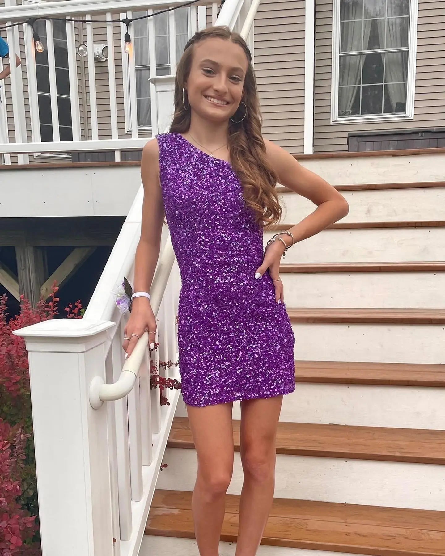 One Shoulder Purple Sequin Bodycon Mini Dress Short Prom Dress