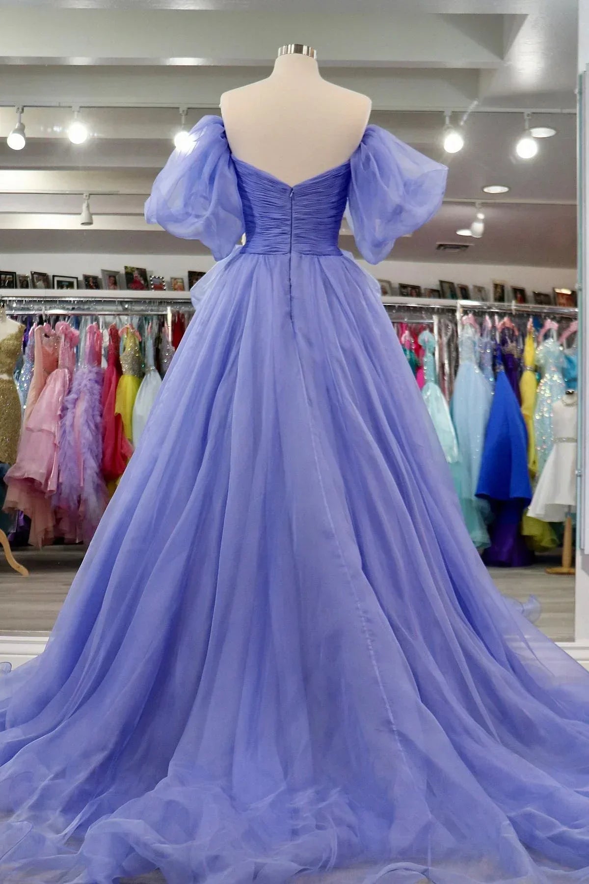 Lavender Tulle A-line Off-Shoulder Puff Sleeves Pleated Long Prom Dress - View 2 | FashionDia