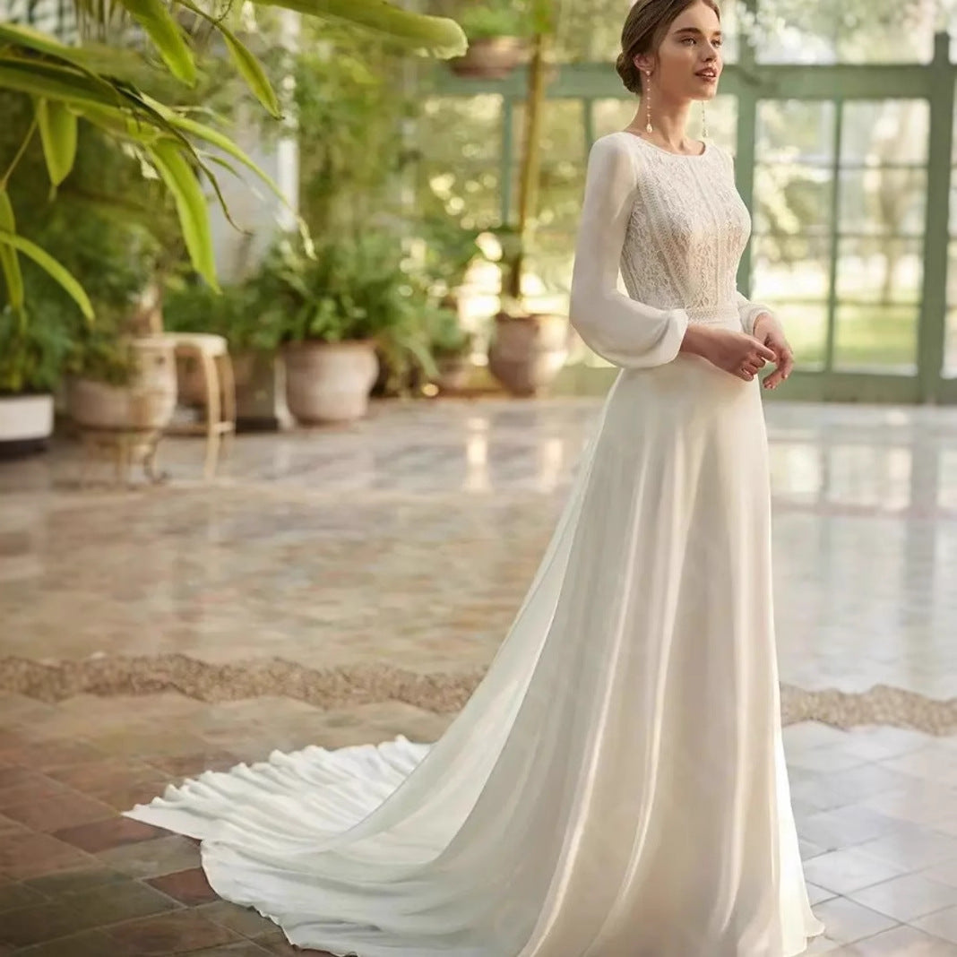 Long Sleeve Sheer Tulle Bridal Wedding Dress - Fashionpara
