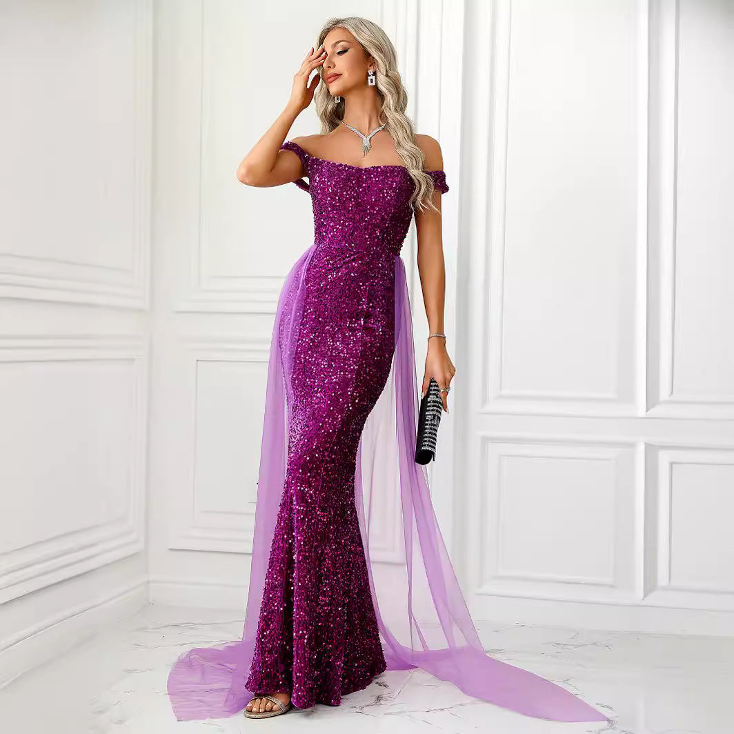 Off Neck Backless Drop Shoulder Dress Mop Mesh Decoration Maxi Dress