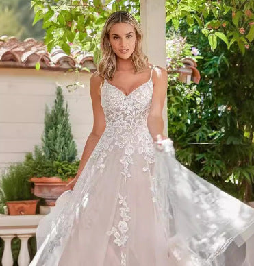 Spaghetti Strap Sheer Tail Wedding Dress - Fashionpara