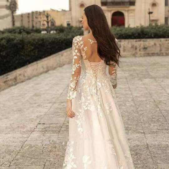 Long Sleeve Backless Wedding Dress - Fashionpara