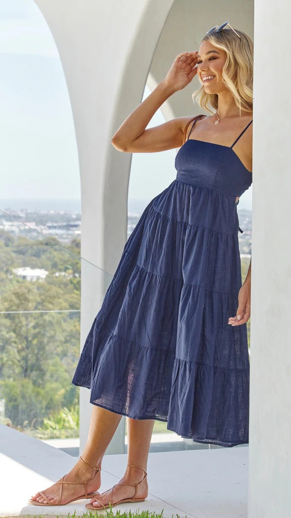 Shirley Ruffle Tiered Midi Dress Navy
