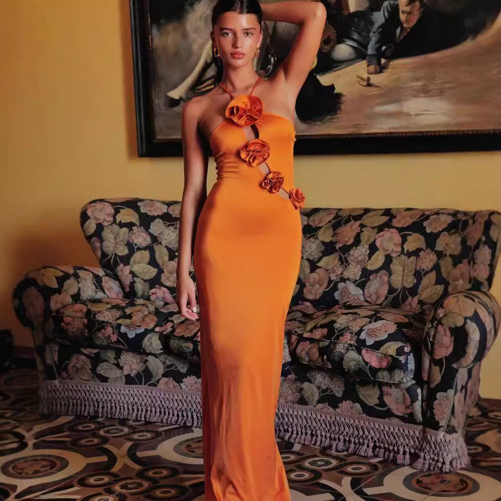 Halter Cutout Floral Slim Fit Maxi Prom Dress - Fashionpara