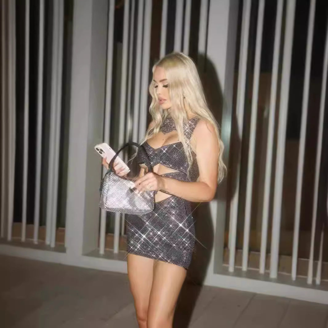 Sexy Hollow-Out Bodycon Flower Detail Rhinestone Prom Dress - Fashionpara