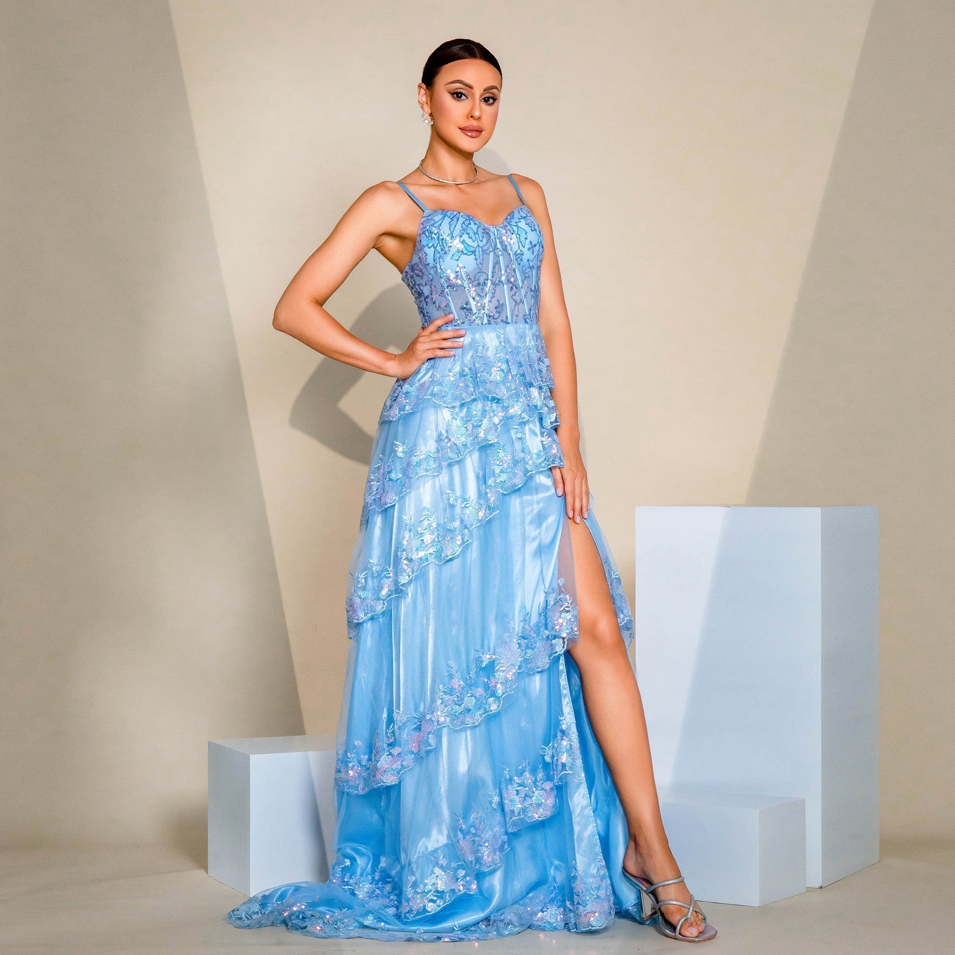 High End Suspenders Long Sequined Cocktail Large Swing Evening Dress Bridesmaid