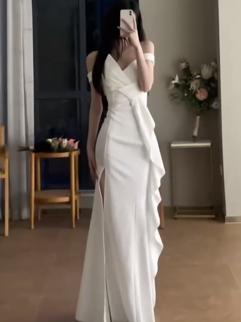 Off-the-Shoulder Mermaid White Long Prom Dress Wedding Dress Evening Dress