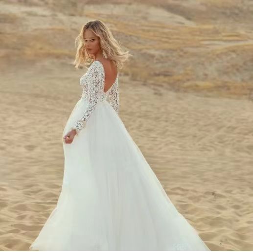 Deep V-Neck Long Sleeve Lace Wedding Dress - Fashionpara