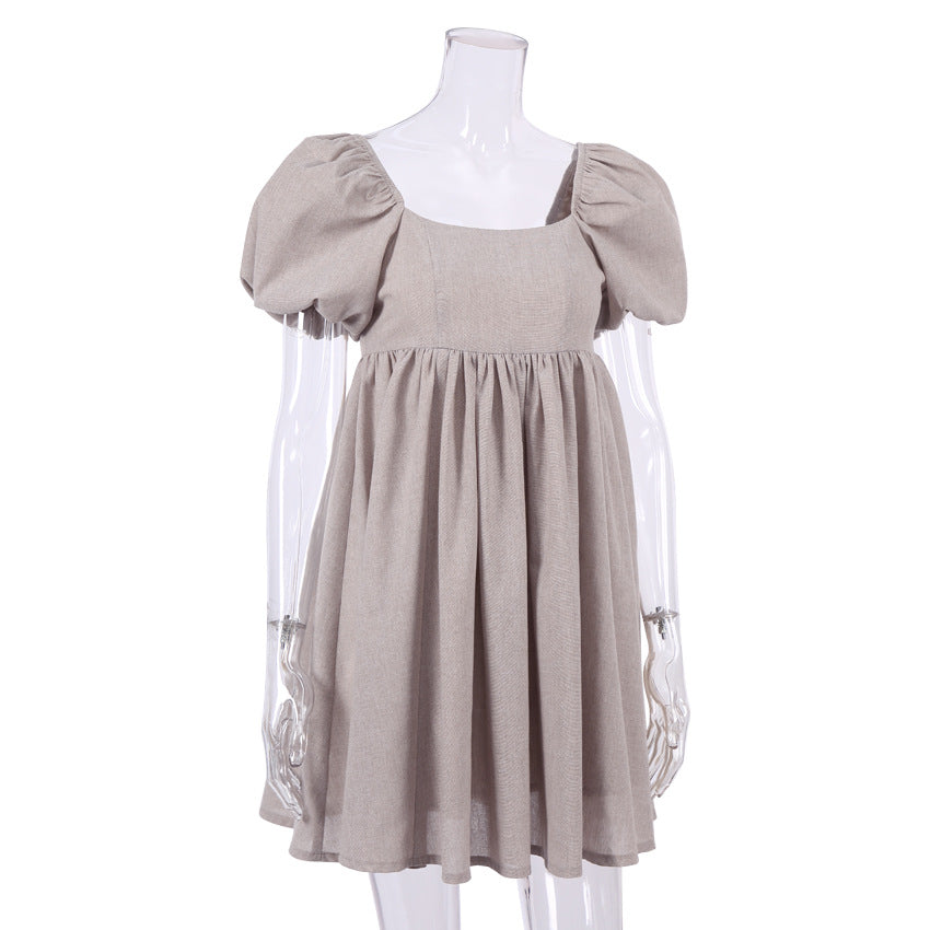 Cute Puff Sleeve Square Neck Linen Babydoll Mini Dress - Khaki